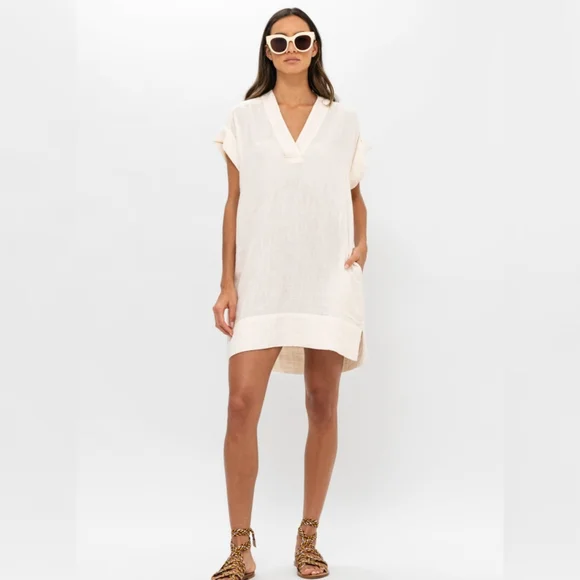 Oliphant V-Neck Roll Sleeve Mini Dress Bahama White Ecru Size XL - Picture 1 of 7